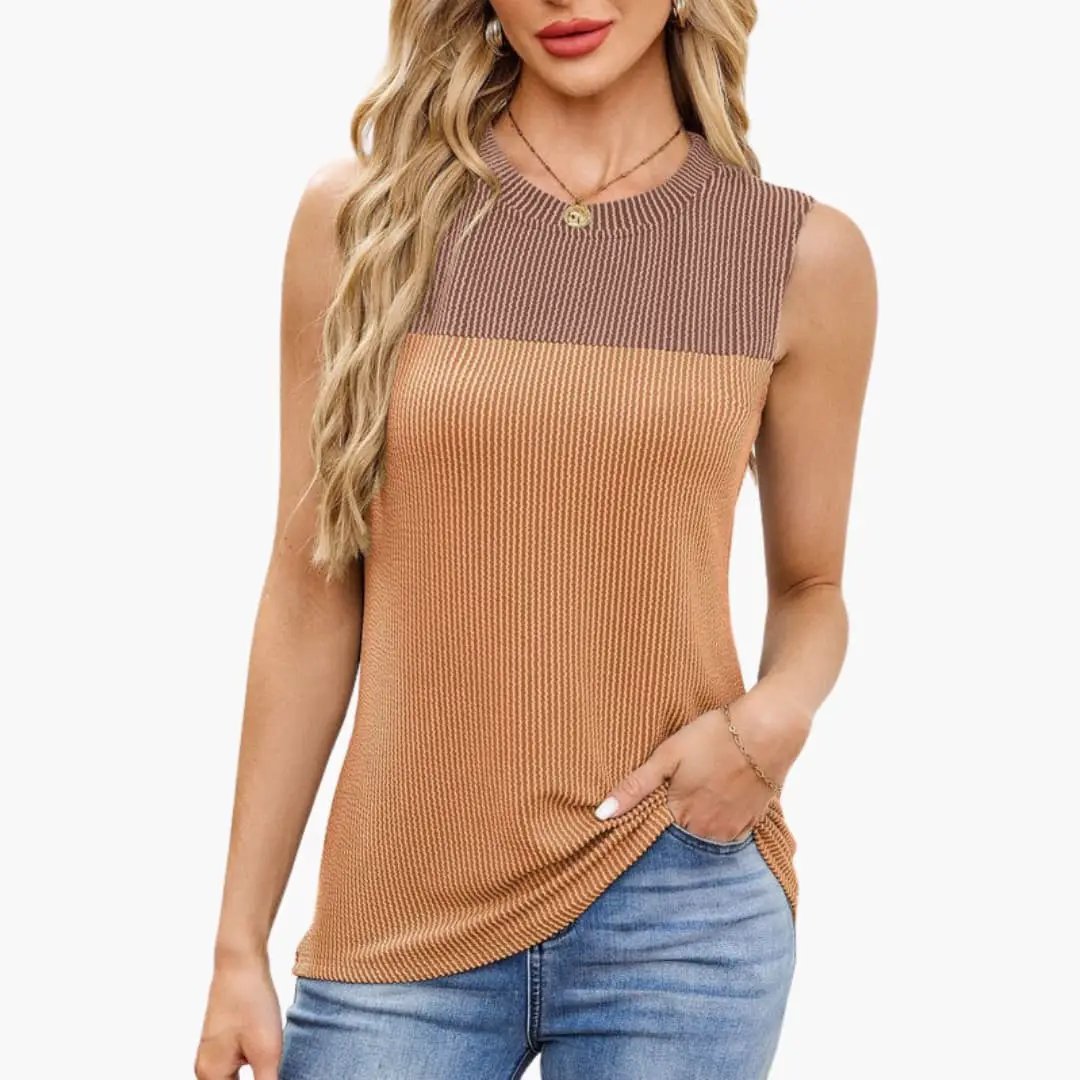 Women's sleeveless ribbed tank top by Wilfred Smith in tan-brown with boat neck and side pockets