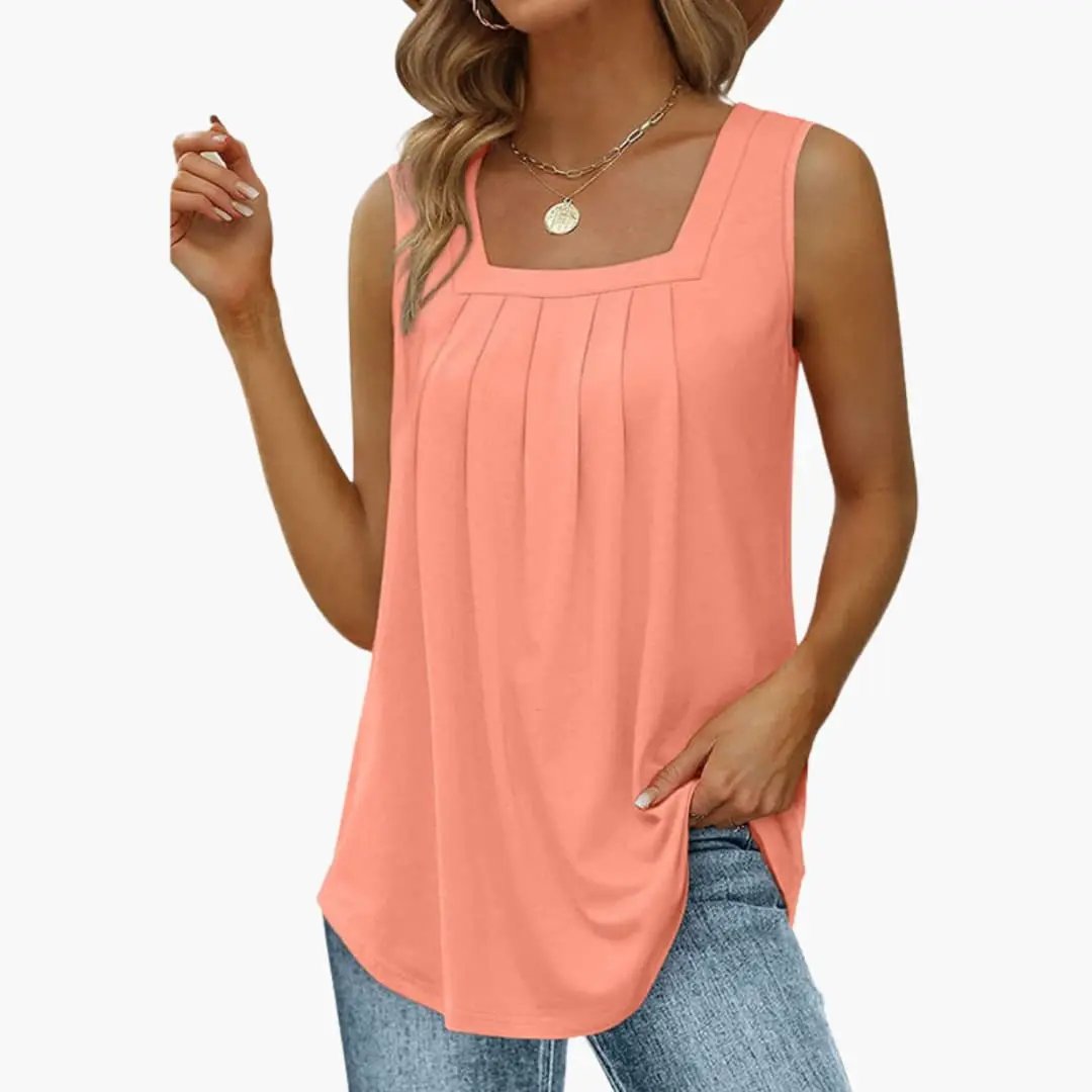 Women's sleeveless square-neck blouse top in peach by Wilfred Smith with front pleats