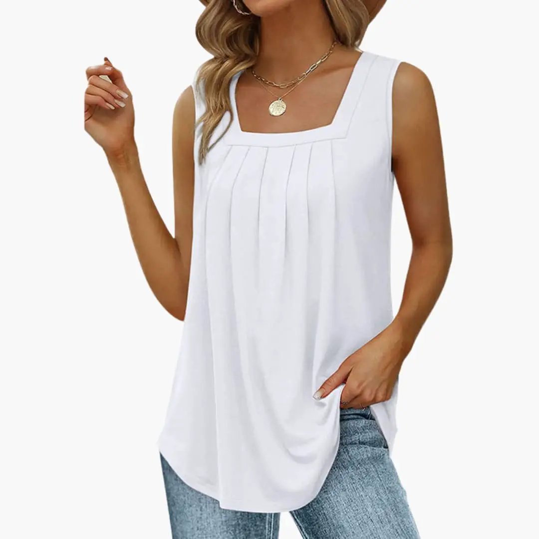 Women's Sleeveless Square-Neck Blouse Top in white with pleated front by Wilfred Smith