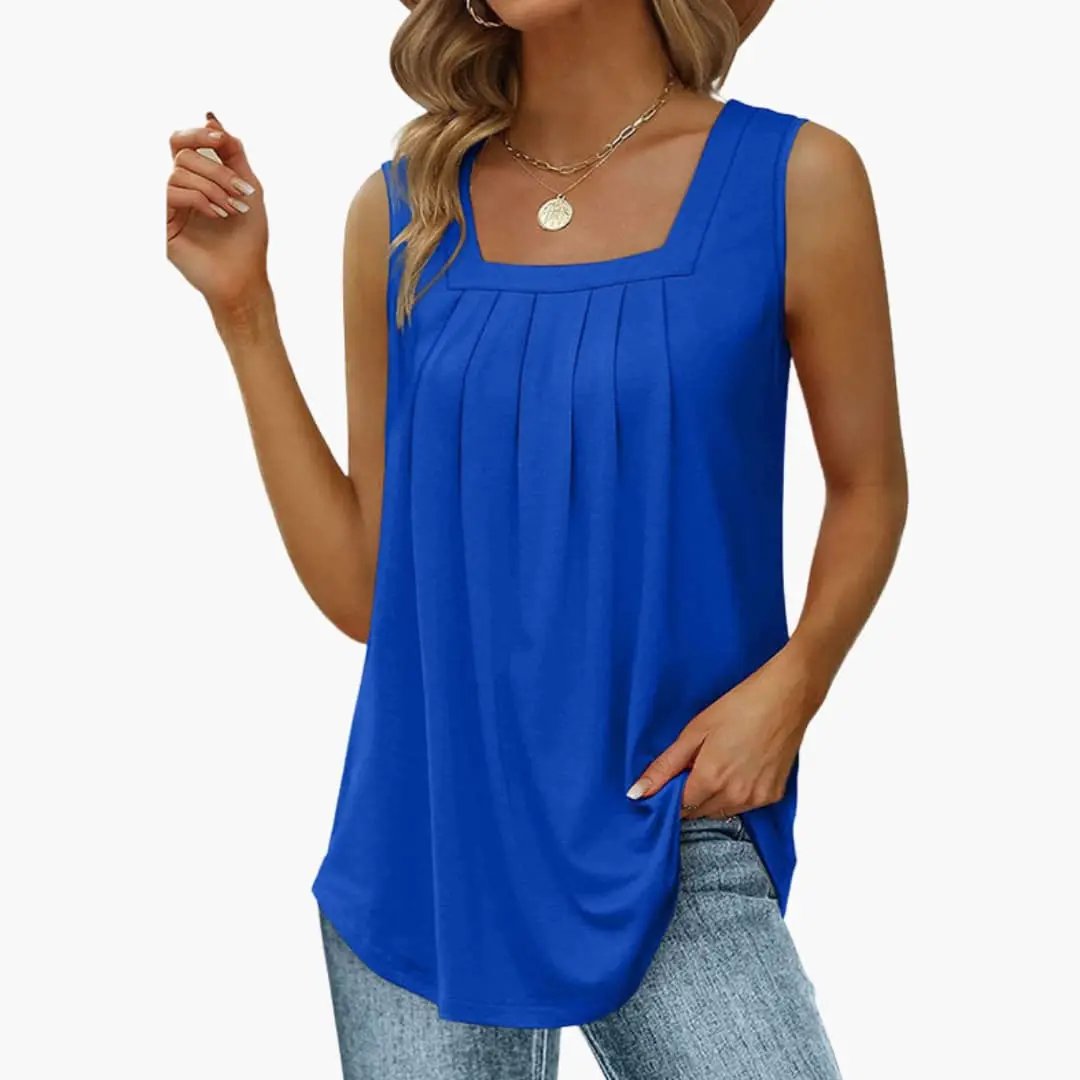 Women's Sleeveless Square Neck Blouse Top in royal blue with front pleats