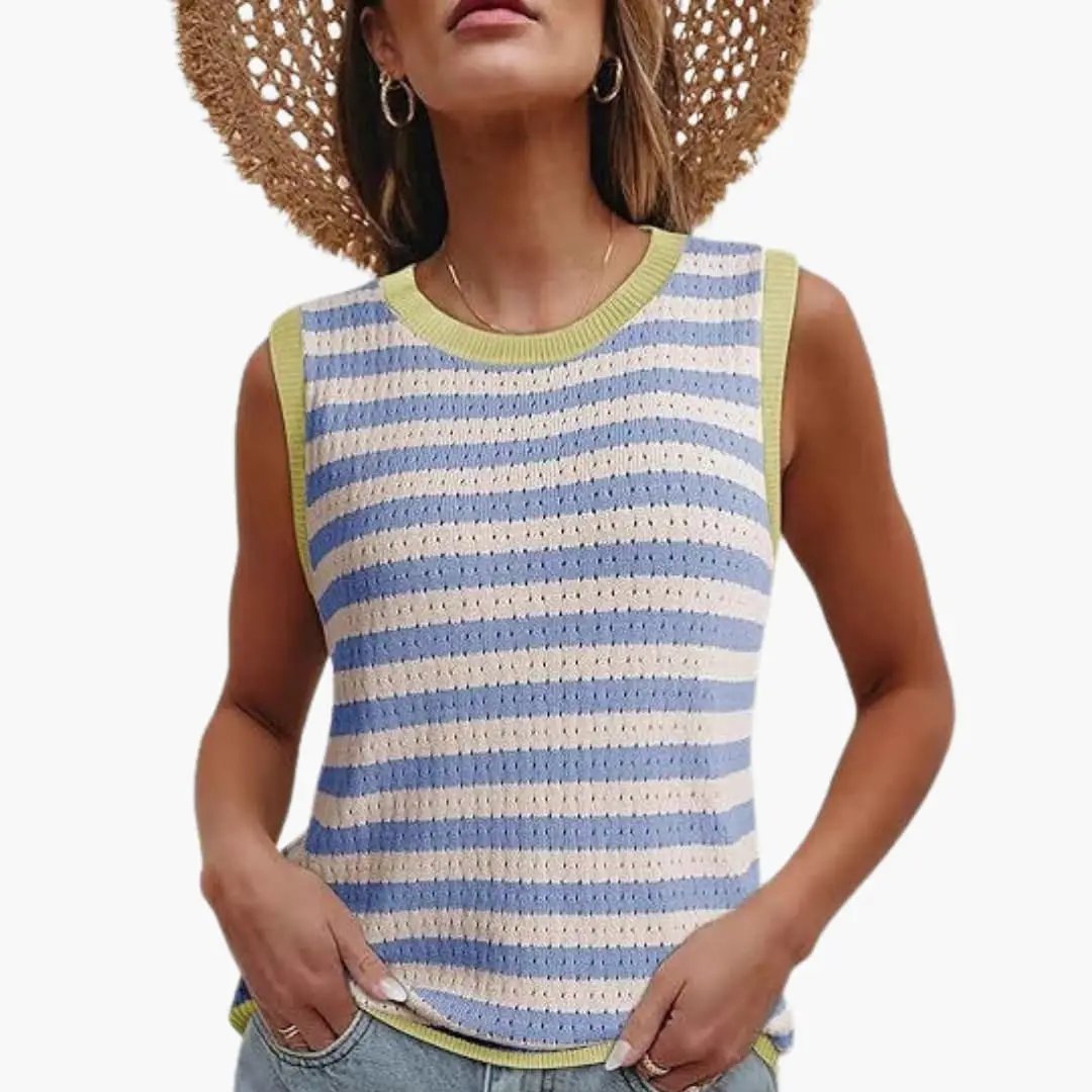 Women's Sleeveless Striped Knit Top in blue and white with lime trim