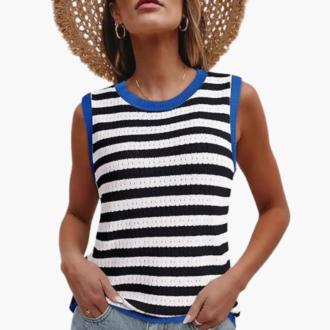 Women's sleeveless striped knit tank top with blue trim, black-and-white stripes, Wilfred Smith