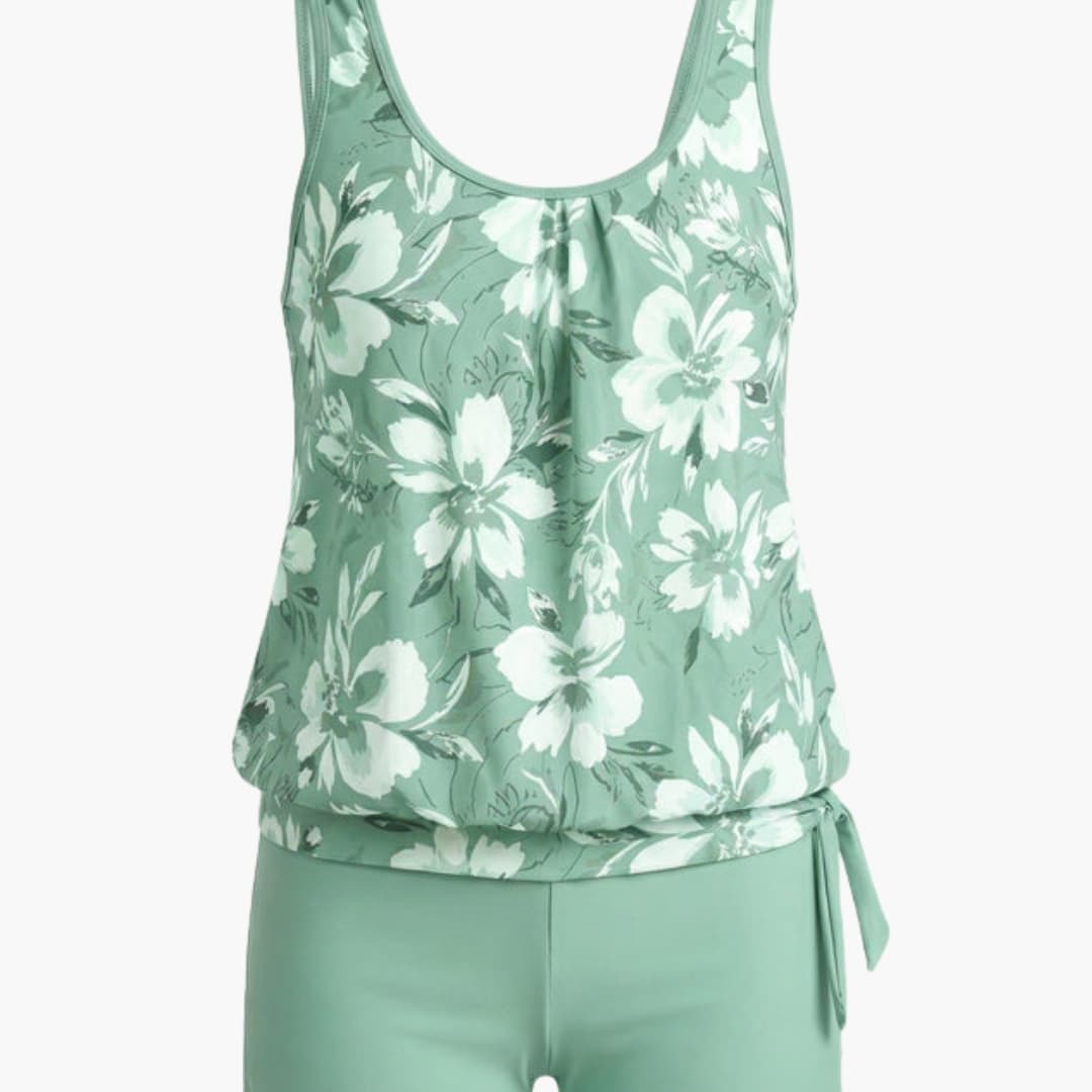Women’s bikini set: mint green sleeveless tankini with white floral print, matching shorts by Wilfred Smith