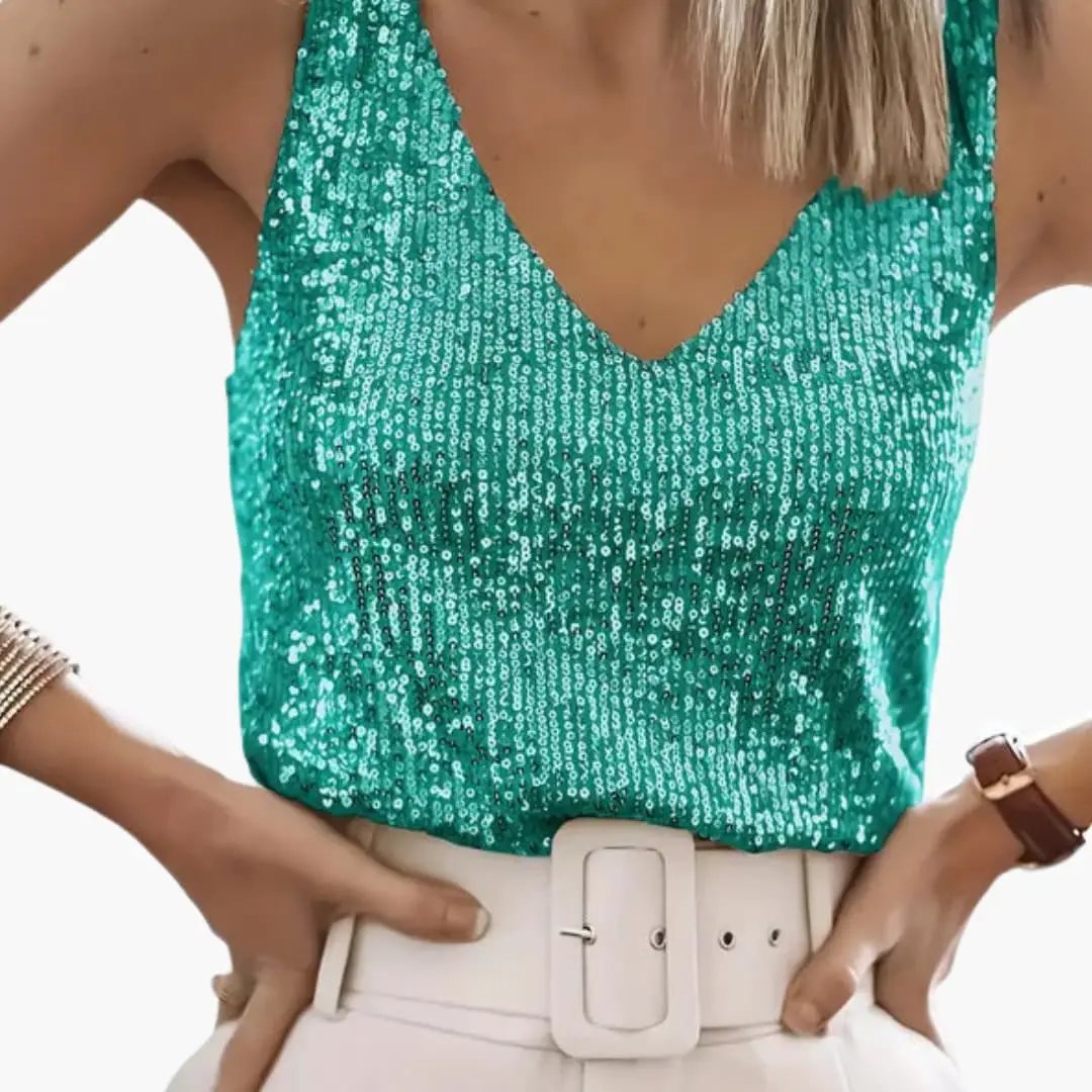 Women's sleeveless sequin top in teal green with round neck.