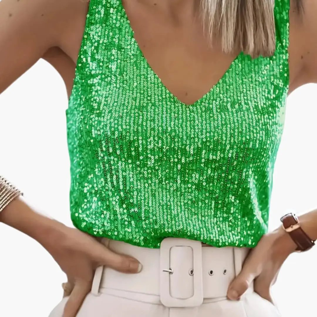 Women's sleeveless sequin tank top in bright green by Wilfred Smith