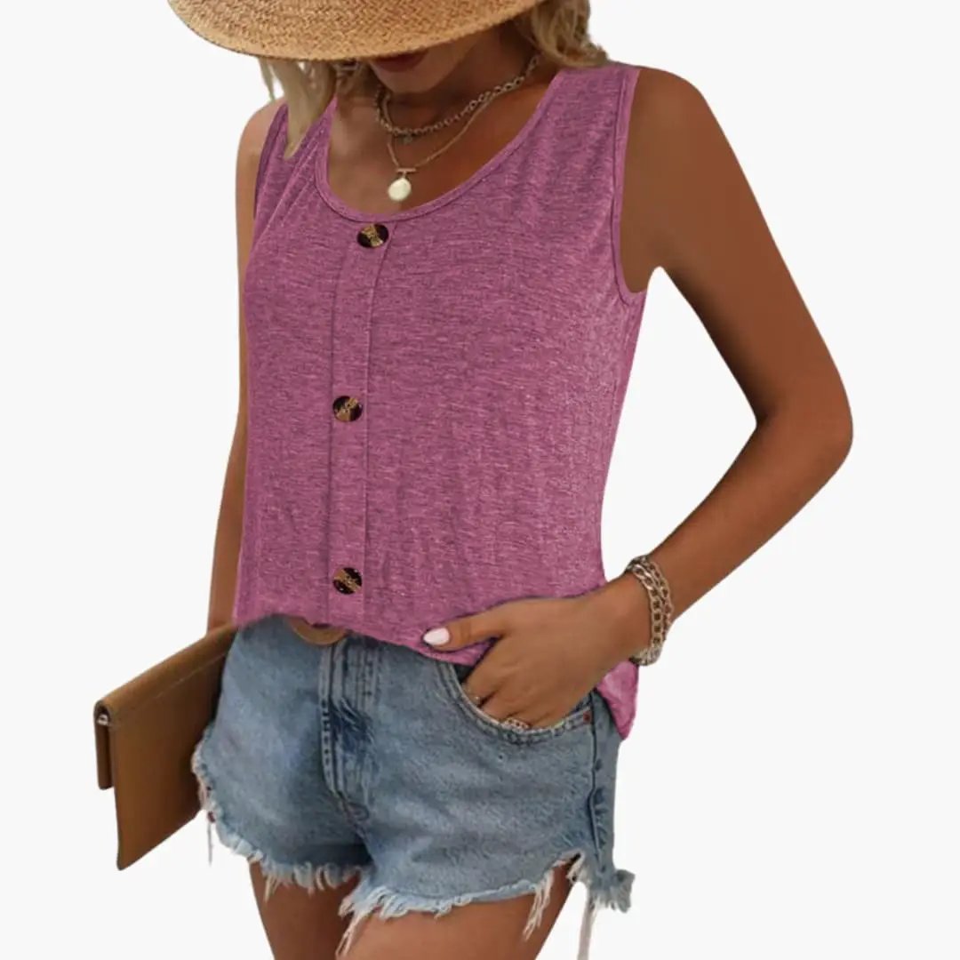 Women's sleeveless pink tank top with round neck and button-front detail