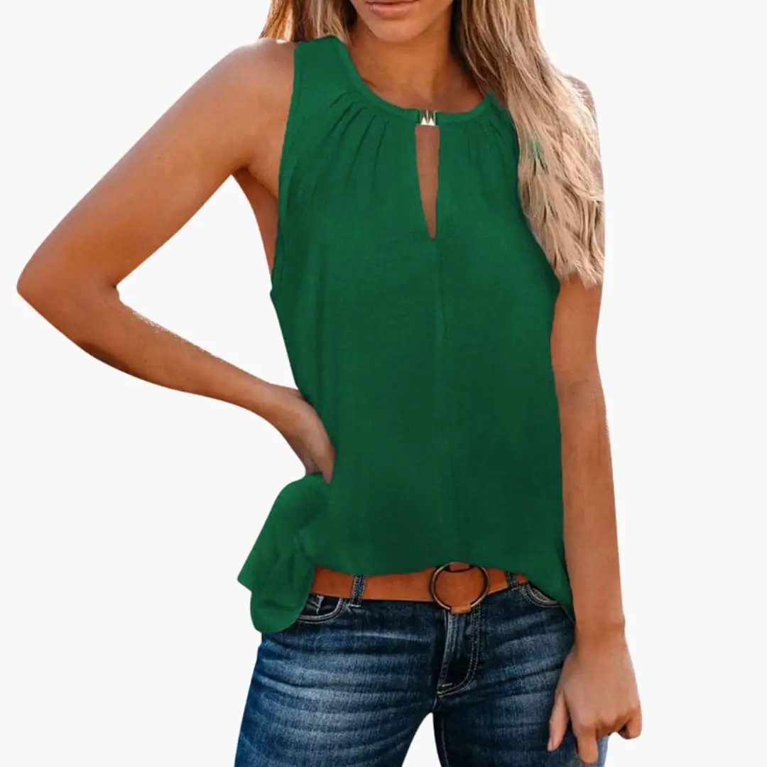 Women’s sleeveless tank top by Wilfred Smith in green with decorative pleated neckline and front keyhole.