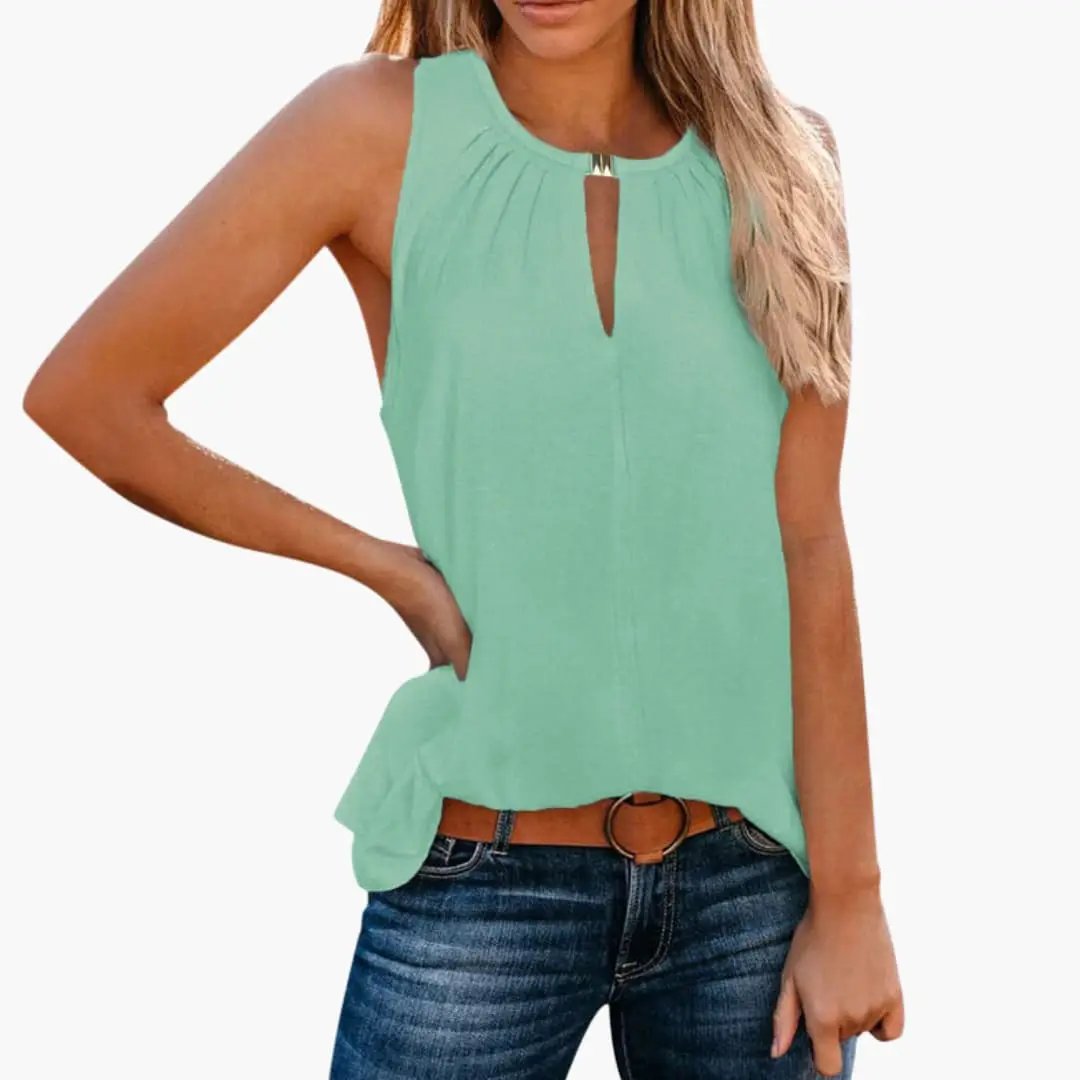 Women's sleeveless top with decorative pleated neckline in mint green by Wilfred Smith