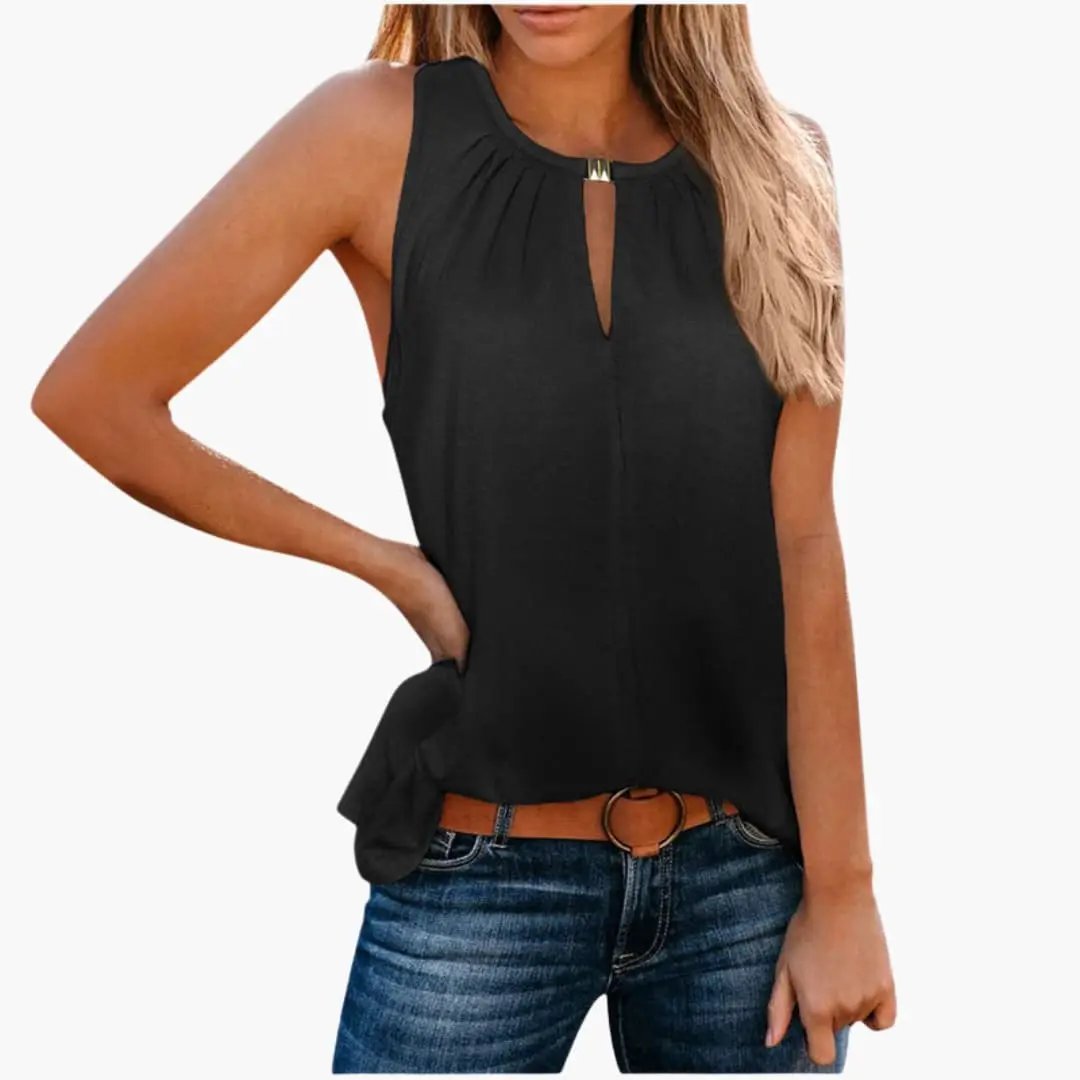 Women's sleeveless black tank top with decorative pleated neckline and keyhole detail.