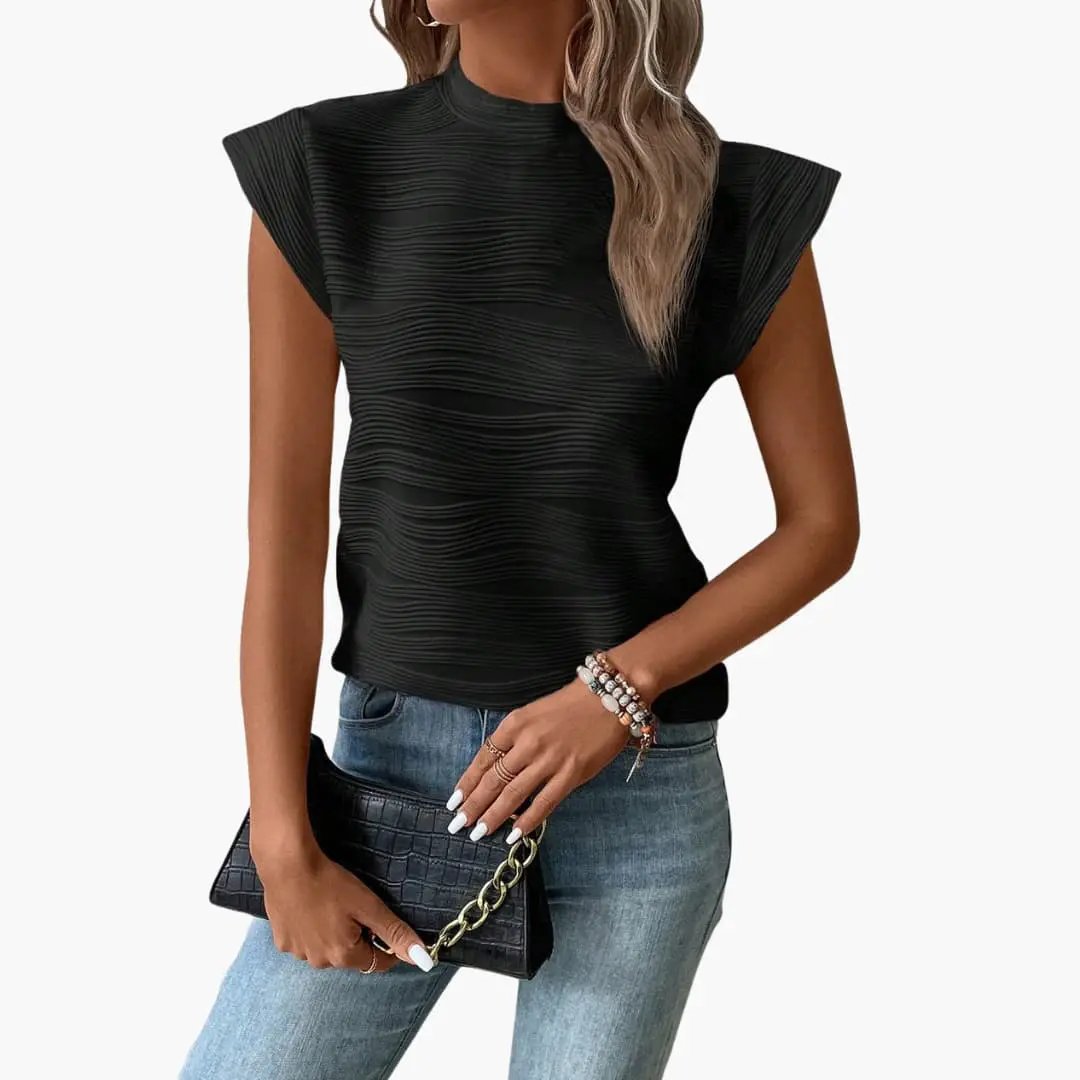 Women's sleeveless top with stand-up collar in black textured fabric, Wilfred Smith