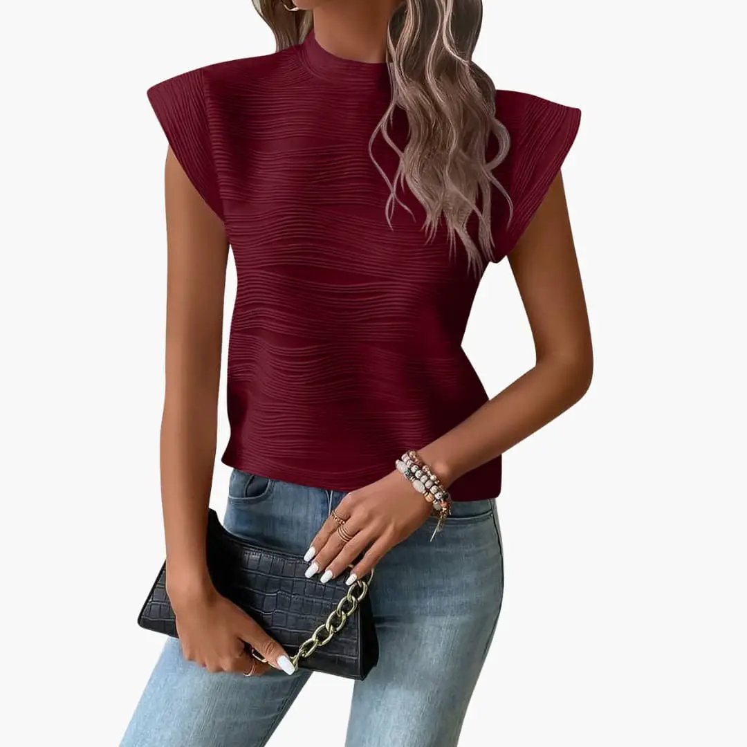 Women's sleeveless top with stand-up collar in burgundy textured ribbed fabric by Wilfred Smith tank top