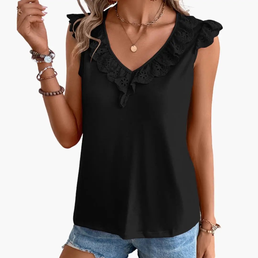 Women’s Sleeveless Top with V-Neck and Lace Trim, black, Wilfred Smith tank top