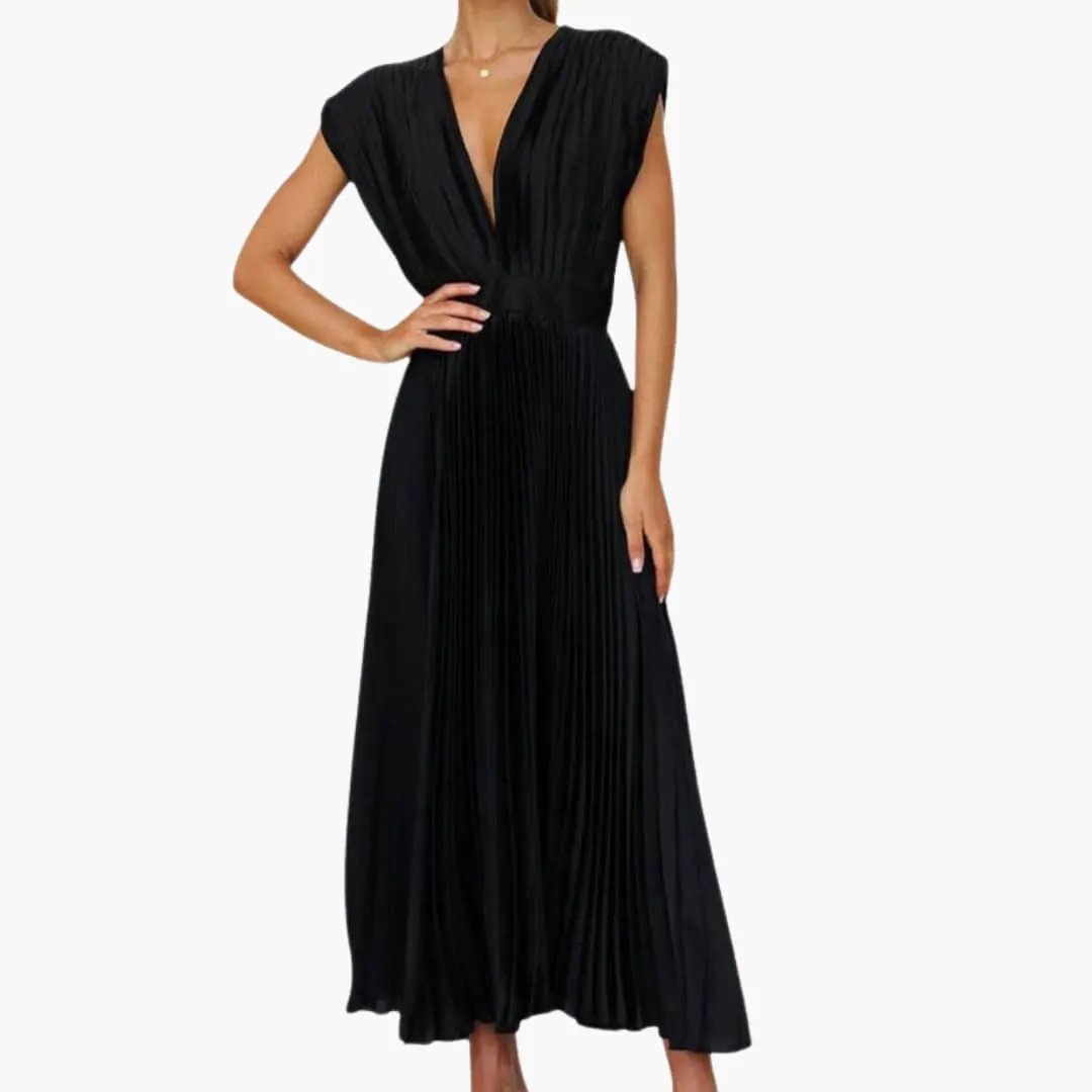 Women's sleeveless V-neck black midi dress with a defined waist and pleated skirt