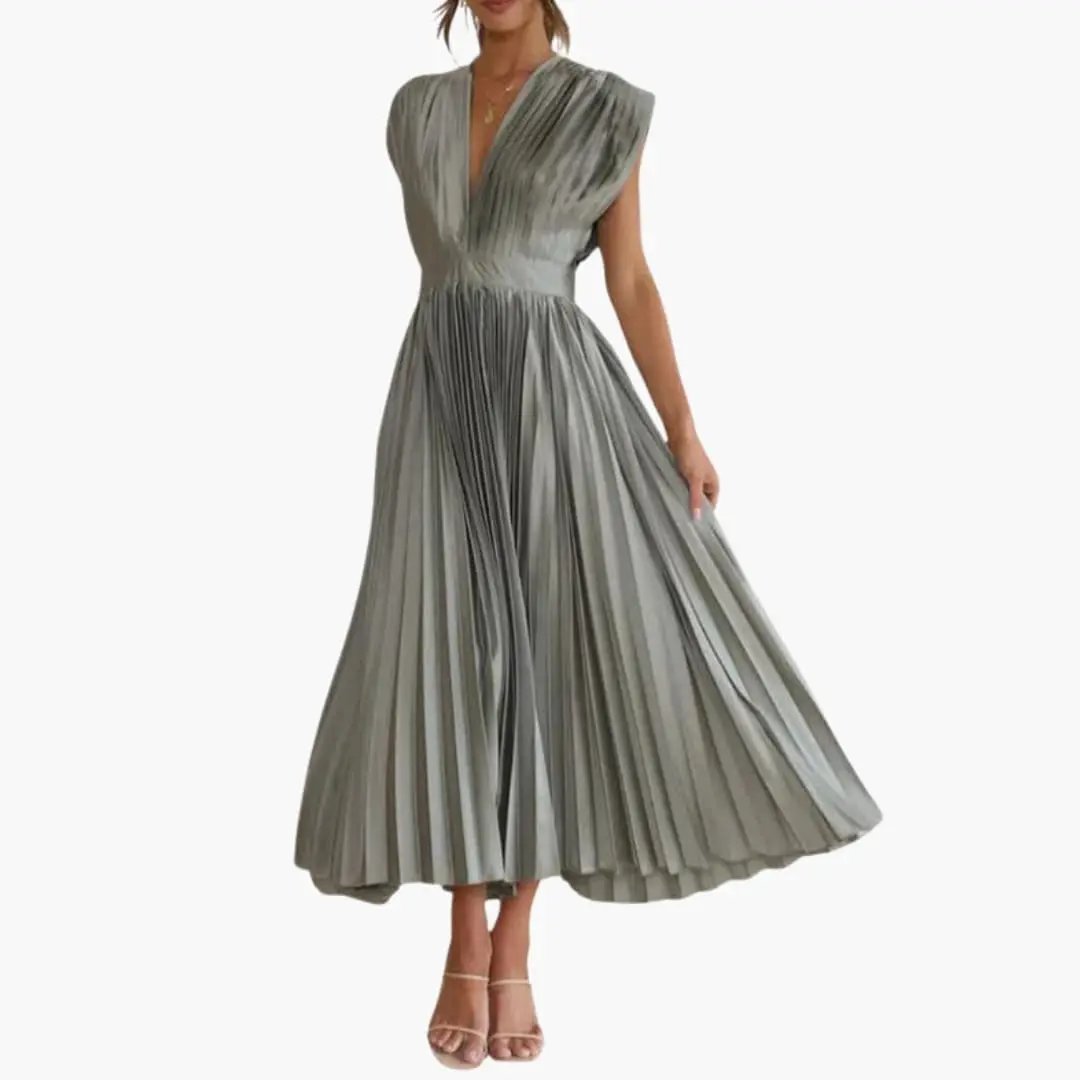 Women's Sleeveless V-Neck Midi Dress in gray with pleated skirt and defined waist by Wilfred Smith