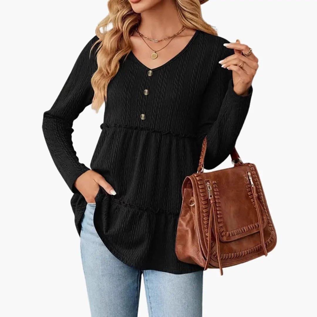 Wilfred Smith women's tunic top, black textured fabric with button front and flowing hem