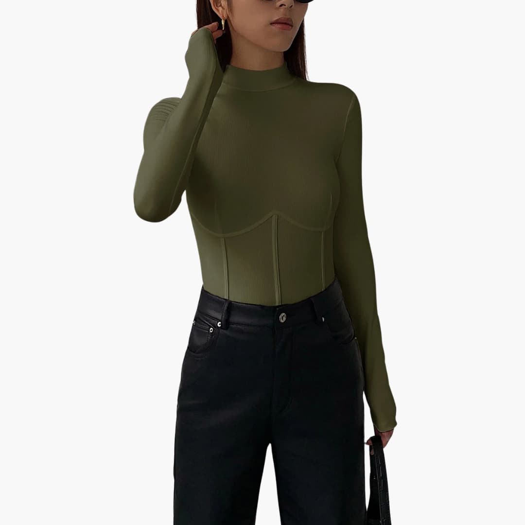 Women's slim-fit stand-collar piped short-sleeve T-shirt in olive green
