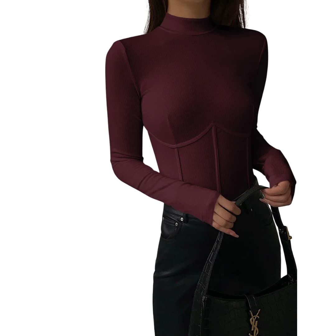 Women’s Slim Fit Stand Collar Piped Short Sleeve T-Shirt in burgundy with waist piping
