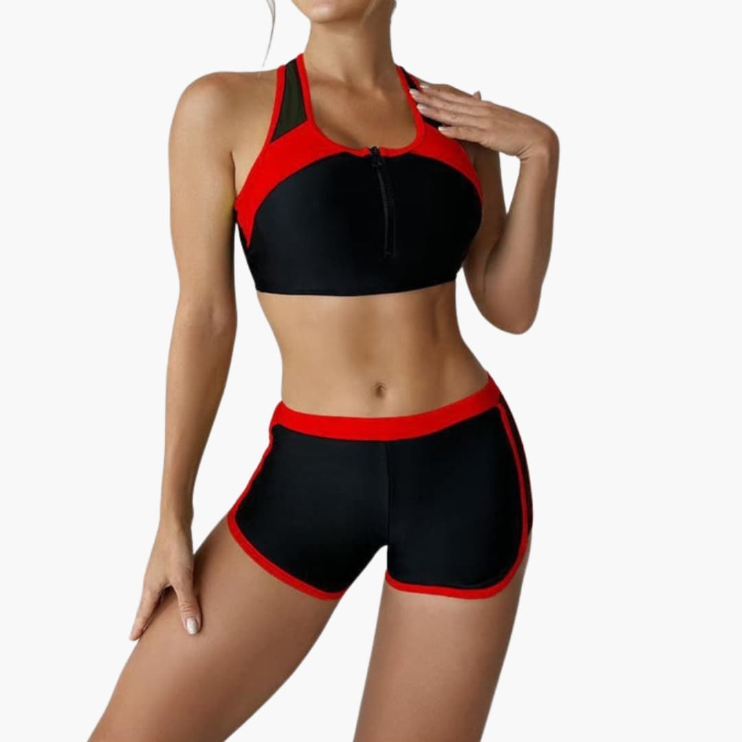 Women’s Bikini Set, solid black two-piece with red trim and adjustable straps.
