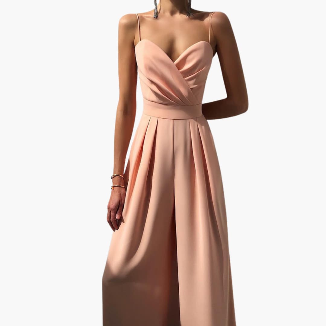 Women’s spaghetti-strap wide-leg jumpsuit in peach satin by Wilfred Smith