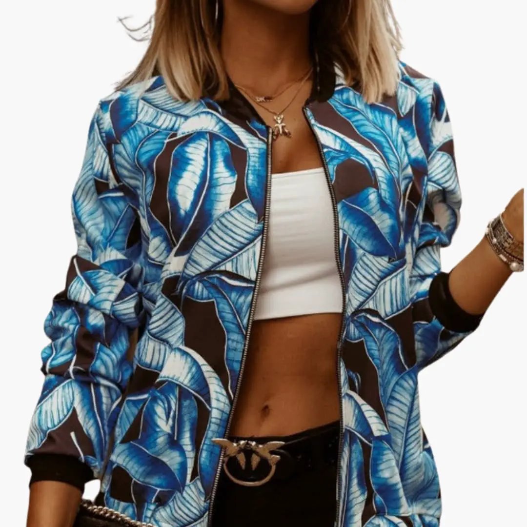 Women’s bomber jacket with blue floral print and front zipper by Wilfred Smith