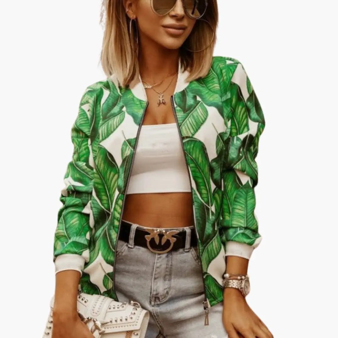 Women's Sporty Bomber Jacket with green floral print and front zipper