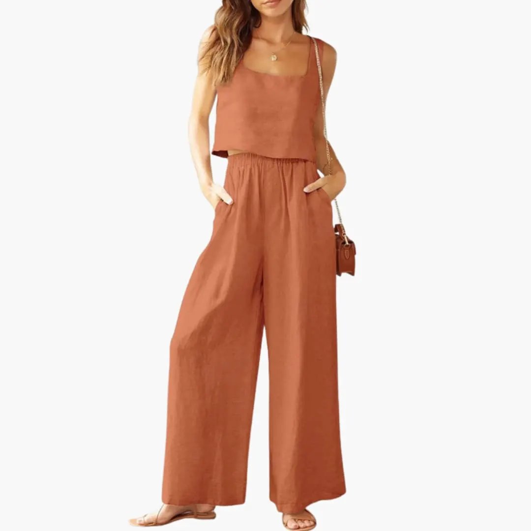 Women’s square-neck crop top and wide-leg pants two-piece set in rust orange by Wilfred Smith.