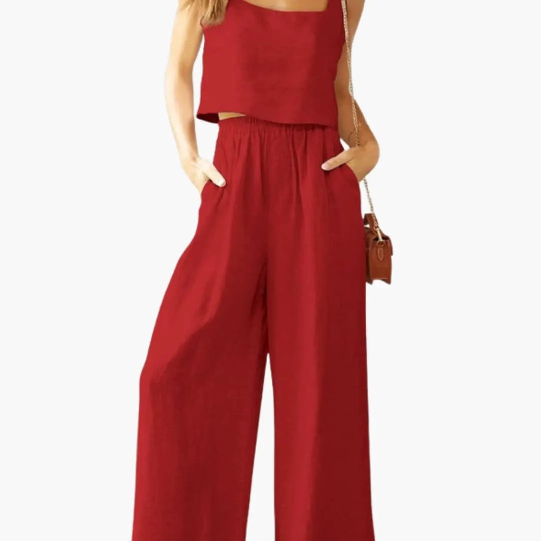 Women's Square-Neck Crop Top and Wide-Leg Pants Set in red, two-piece outfit