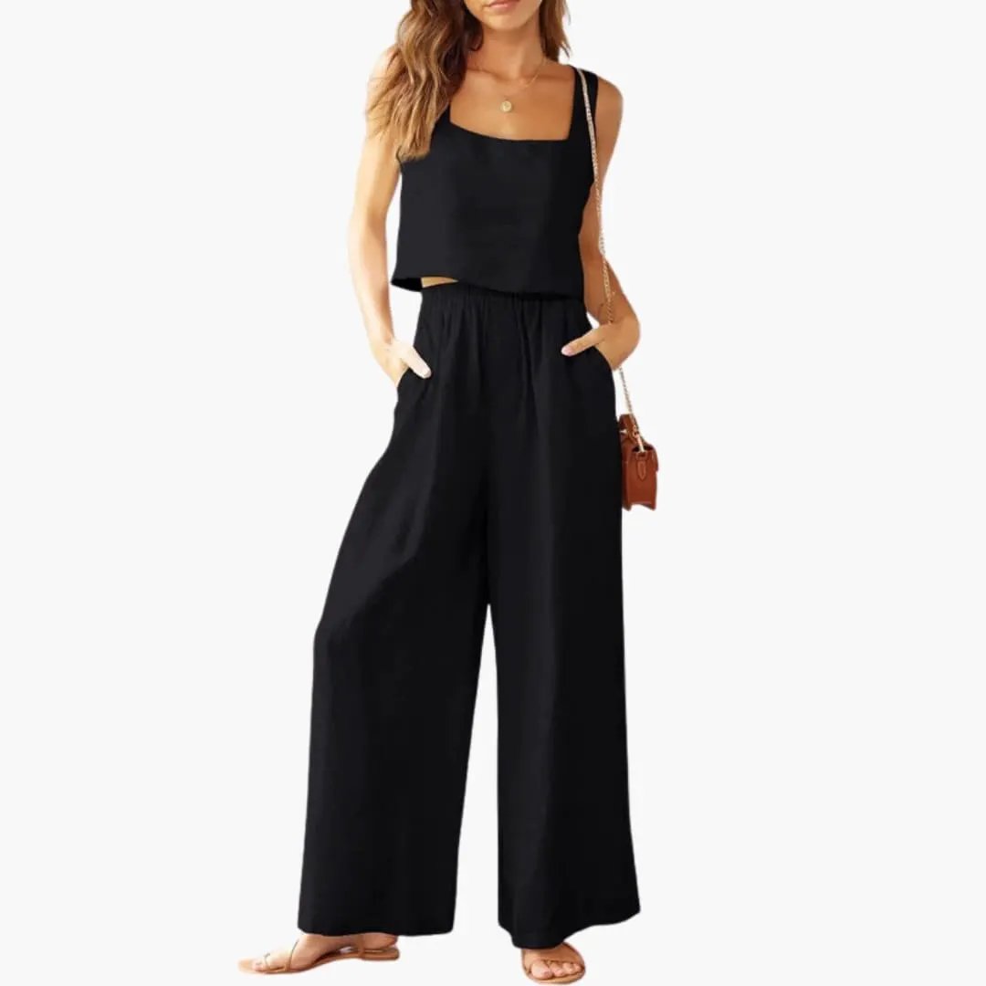 Women's two-piece set by Wilfred Smith: black square-neck crop top and wide-leg pants