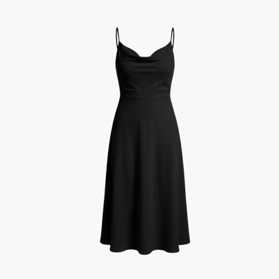 Women's Maxi Dress with black spaghetti straps, fitted bodice and flowing skirt