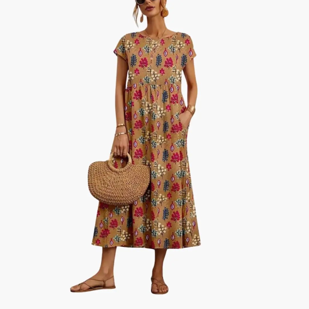 Wilfred Smith Women’s Midi Dress, straight-cut, short sleeves, round neck, tan floral print