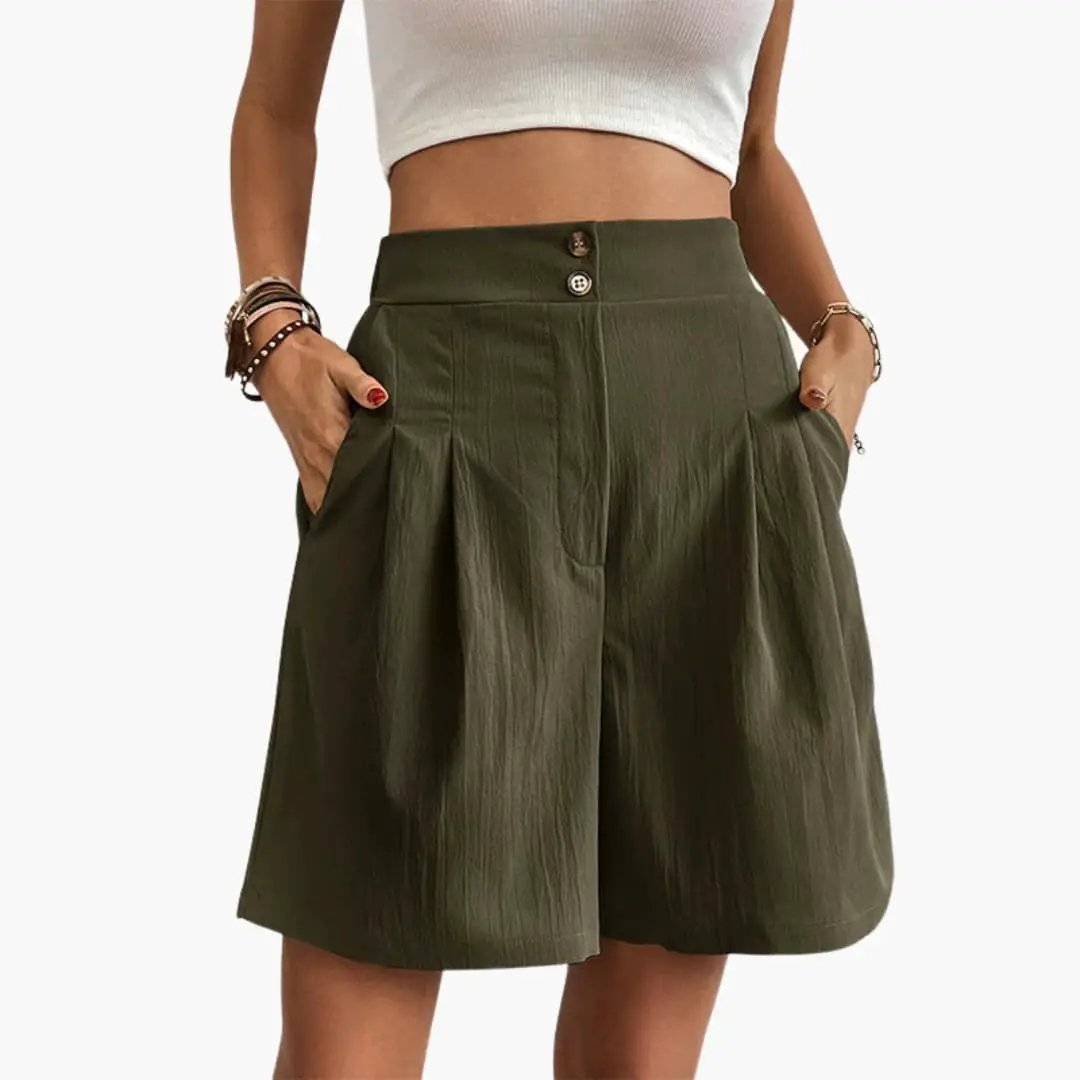 Women's stretch cargo shorts in olive green with pockets and front button waist.