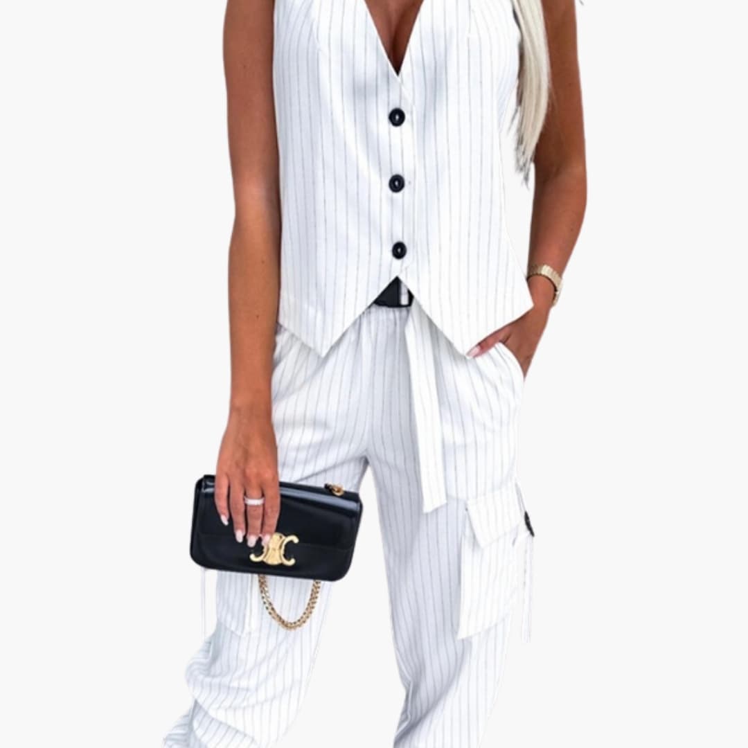 Wilfred Smith women's striped two-piece suit set with sleeveless button-front top and cuffed pants in white pinstripes