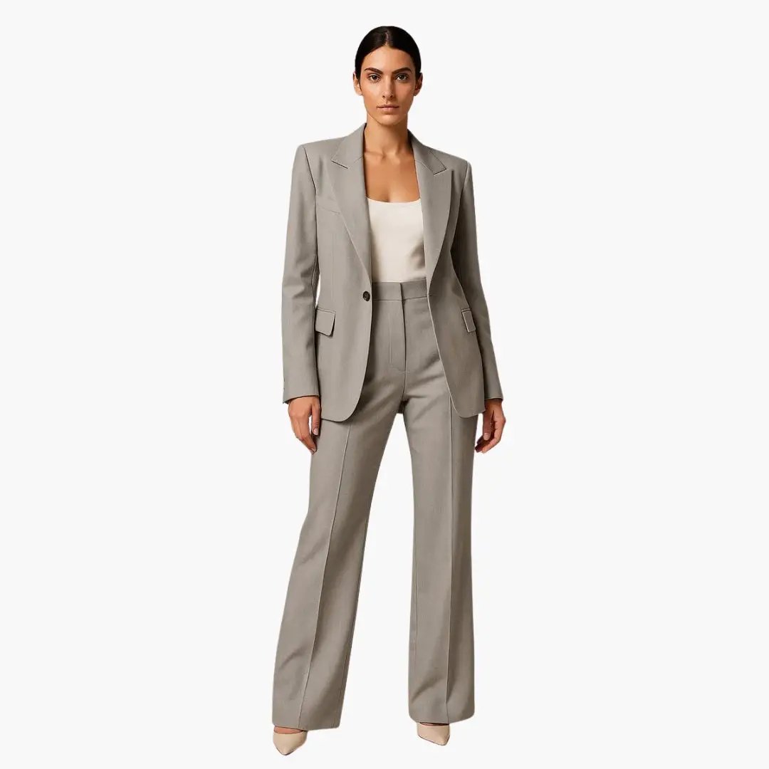 Women's two-piece summer blazer suit with light gray blazer and matching wide-leg trousers by Wilfred Smith