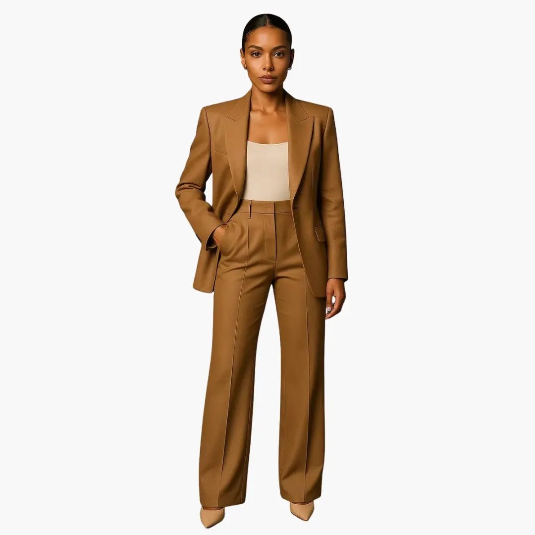 Women's summer suit set with blazer and wide-leg trousers in camel, Wilfred Smith