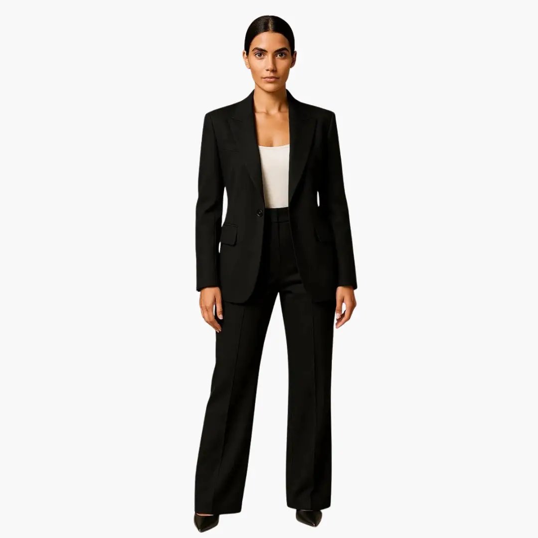 Women's Summer Suit Set with Blazer and Wide-Leg Trousers, black tailored suit on model with white top