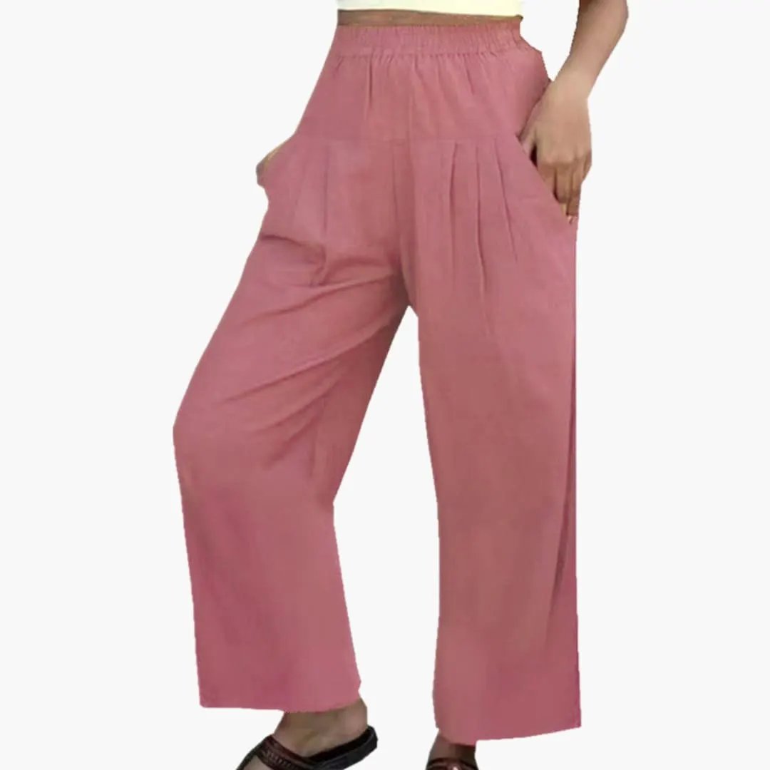 Women’s Summer Pants by Wilfred Smith, pink wide-leg pants with elastic waist and pleated front