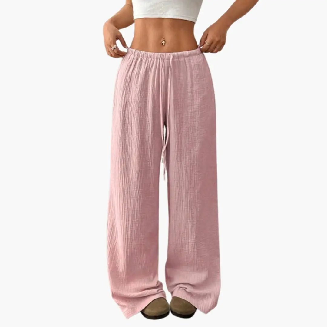Women’s Summer Wide-Leg Pants pink, elastic waist with side pockets, pull-on full-length trousers