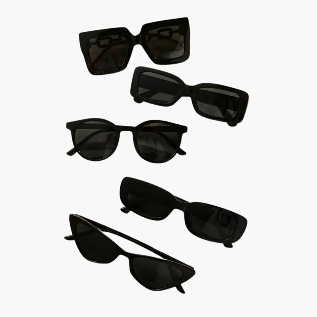 Women's sunglasses set with five black-frame sunglasses featuring polycarbonate lenses and varied frame shapes