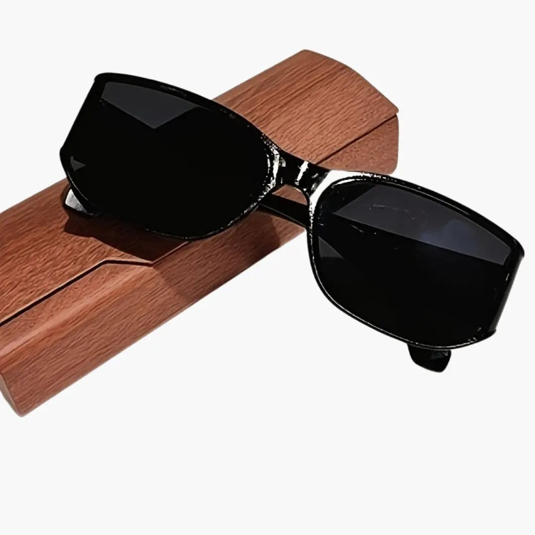 Women's wrap-frame sunglasses with black lenses and UV400 protection by Wilfred Smith