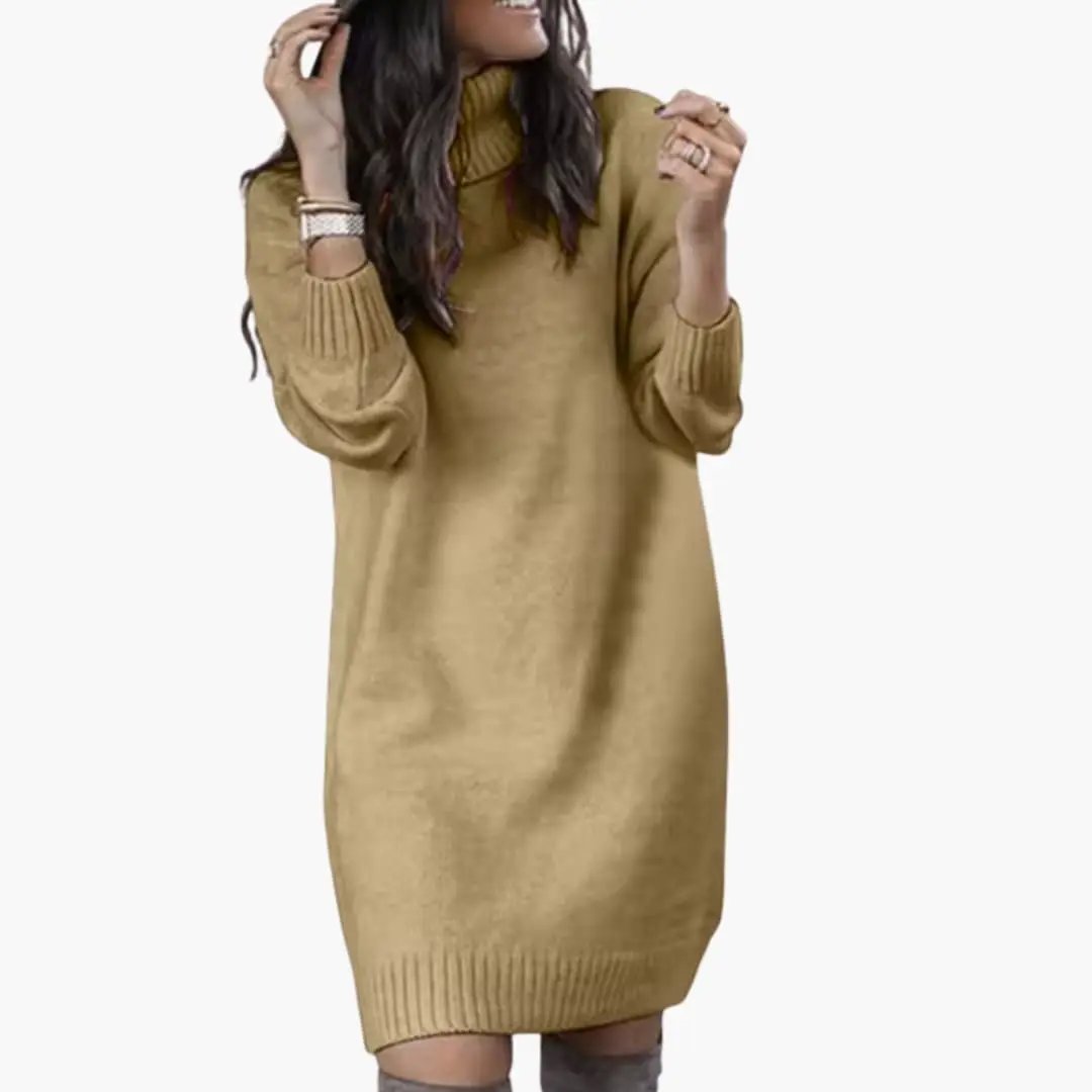 Women's sweater dress in camel color, knee-length with long sleeves and ribbed cuffs and hem.
