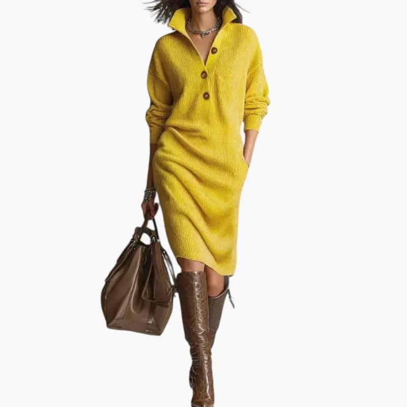 Women's yellow ribbed-knit sweater dress with button neckline and long sleeves