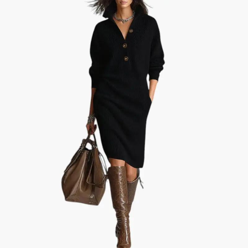Women's black ribbed-knit sweater dress with button neckline; long sleeves.