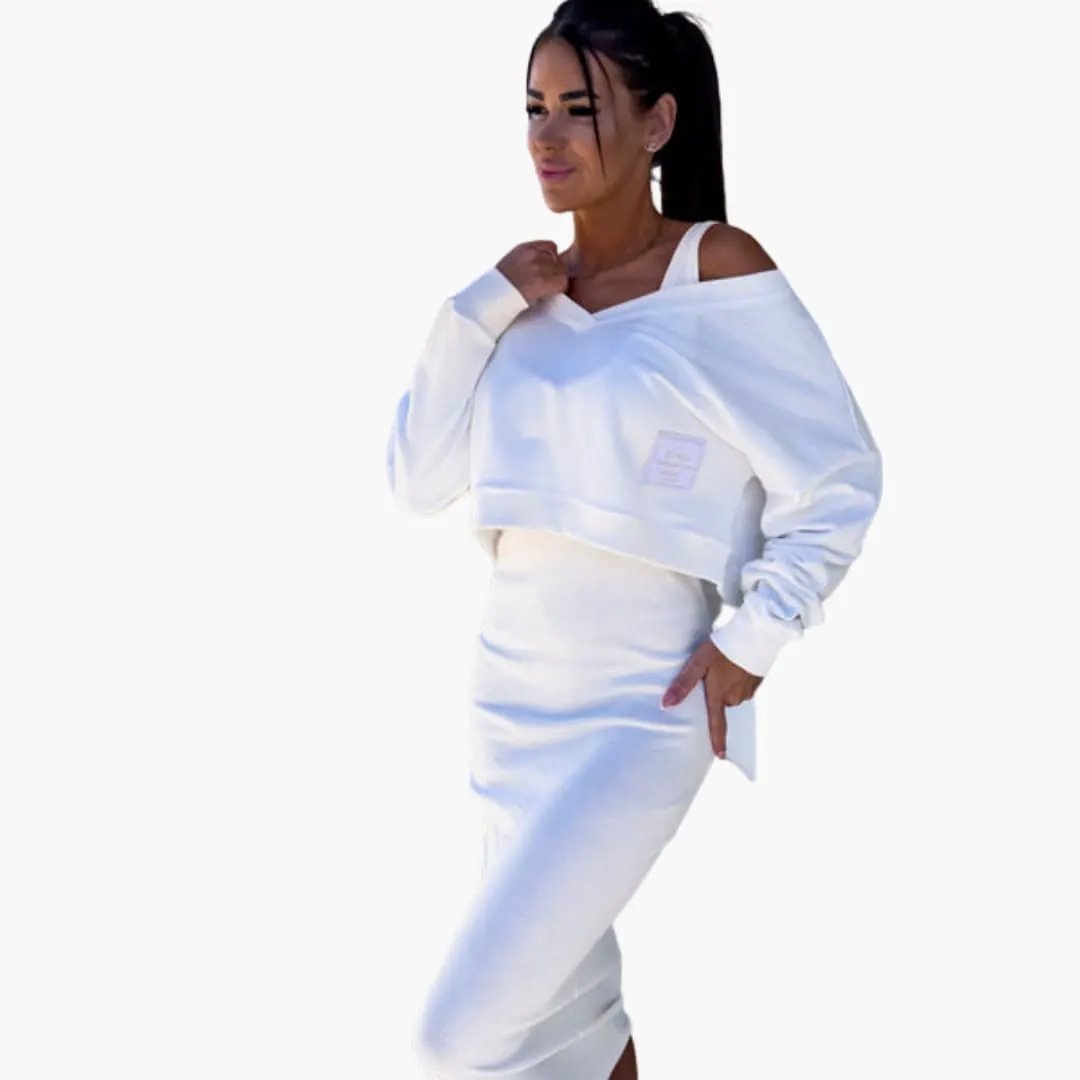 Wilfred Smith white women's sweatshirt dress with long sleeves and a cropped silhouette