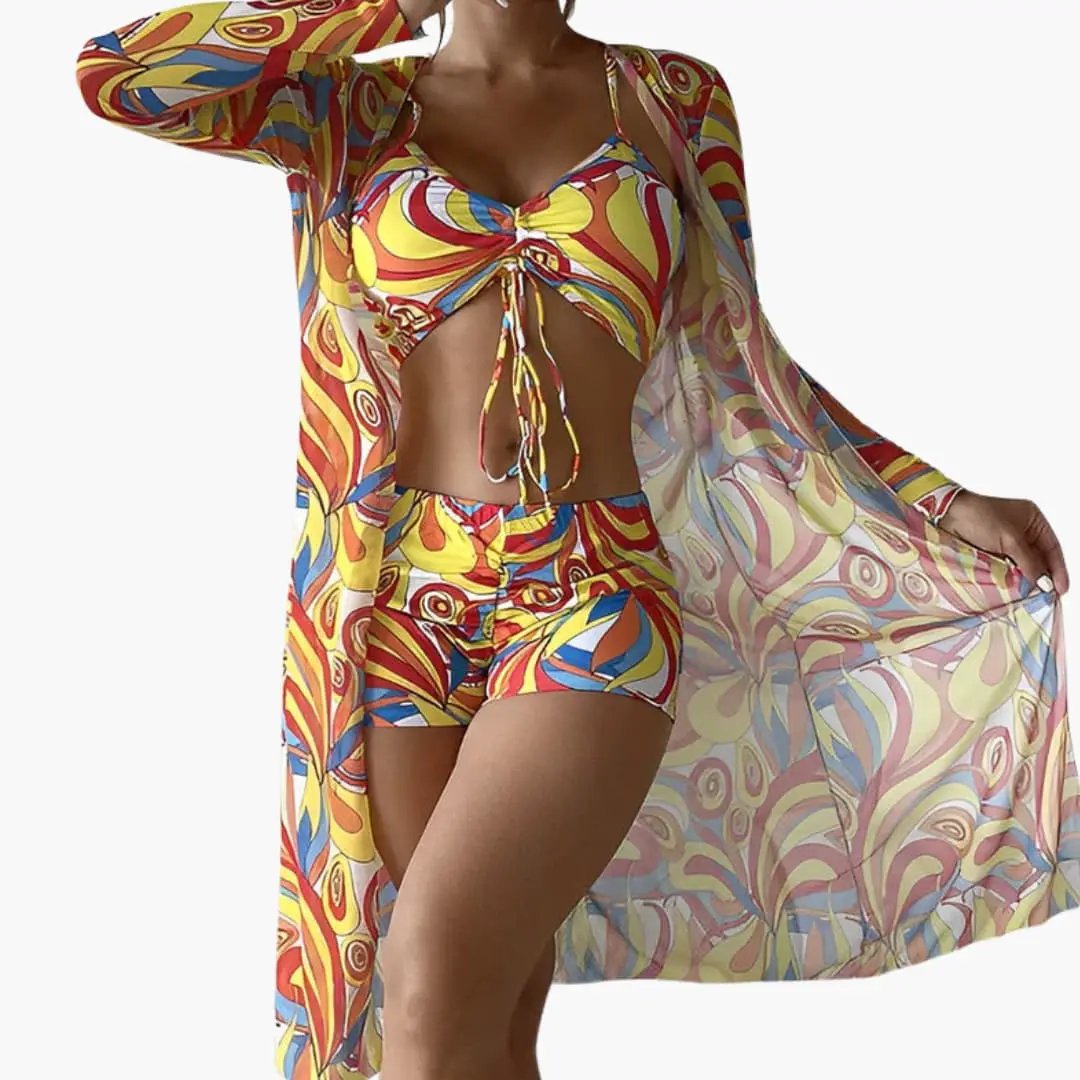 Women's Swirl Print One-Piece Swimsuit with Front Overlay Panel by Wilfred Smith in bright multicolor abstract pattern