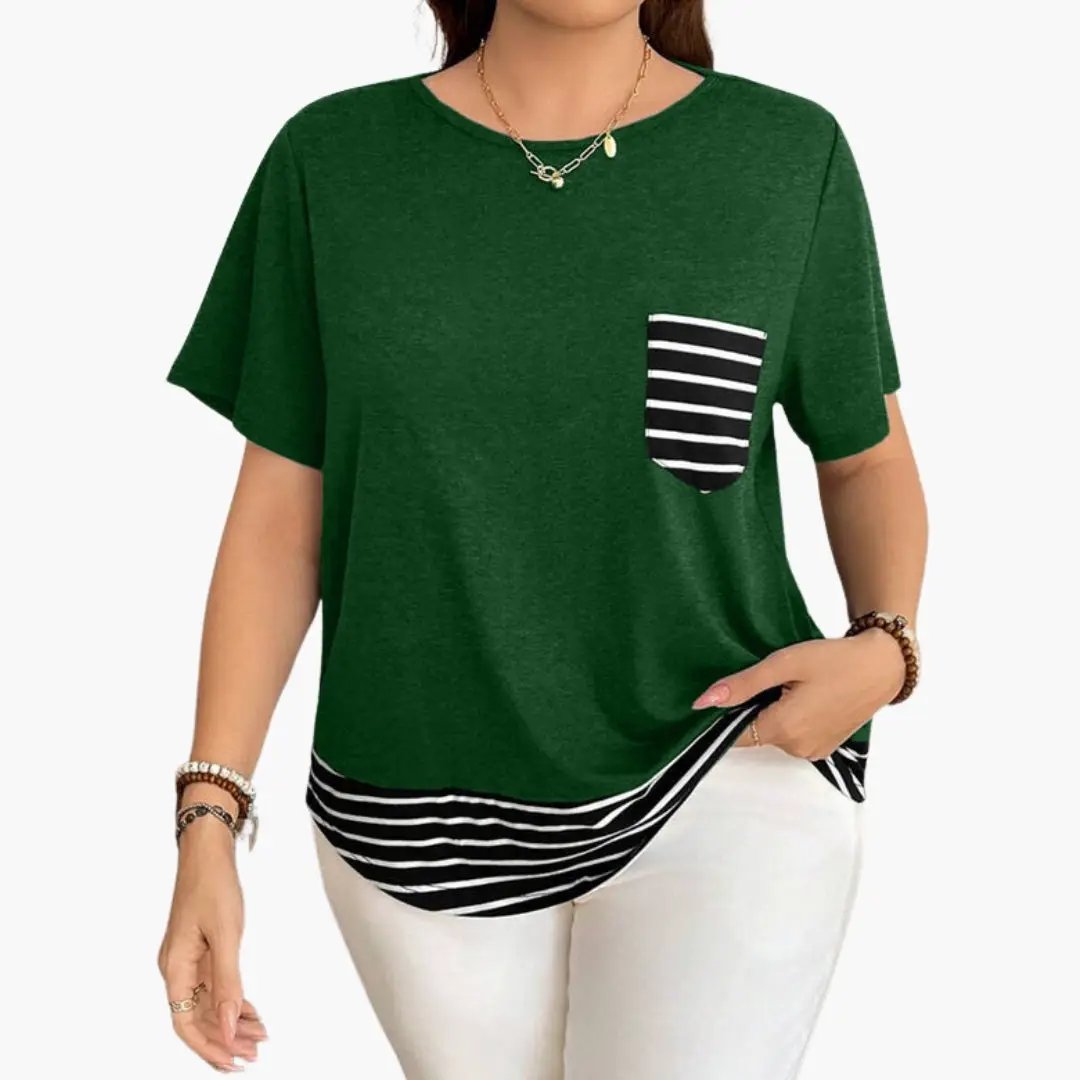 Wilfred Smith women's T-shirt, green with black-and-white striped chest pocket and hem, short sleeves.