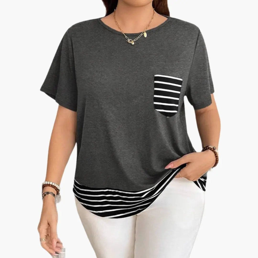 Women’s T-Shirt with chest pocket featuring black-and-white stripes and a striped hem in charcoal gray