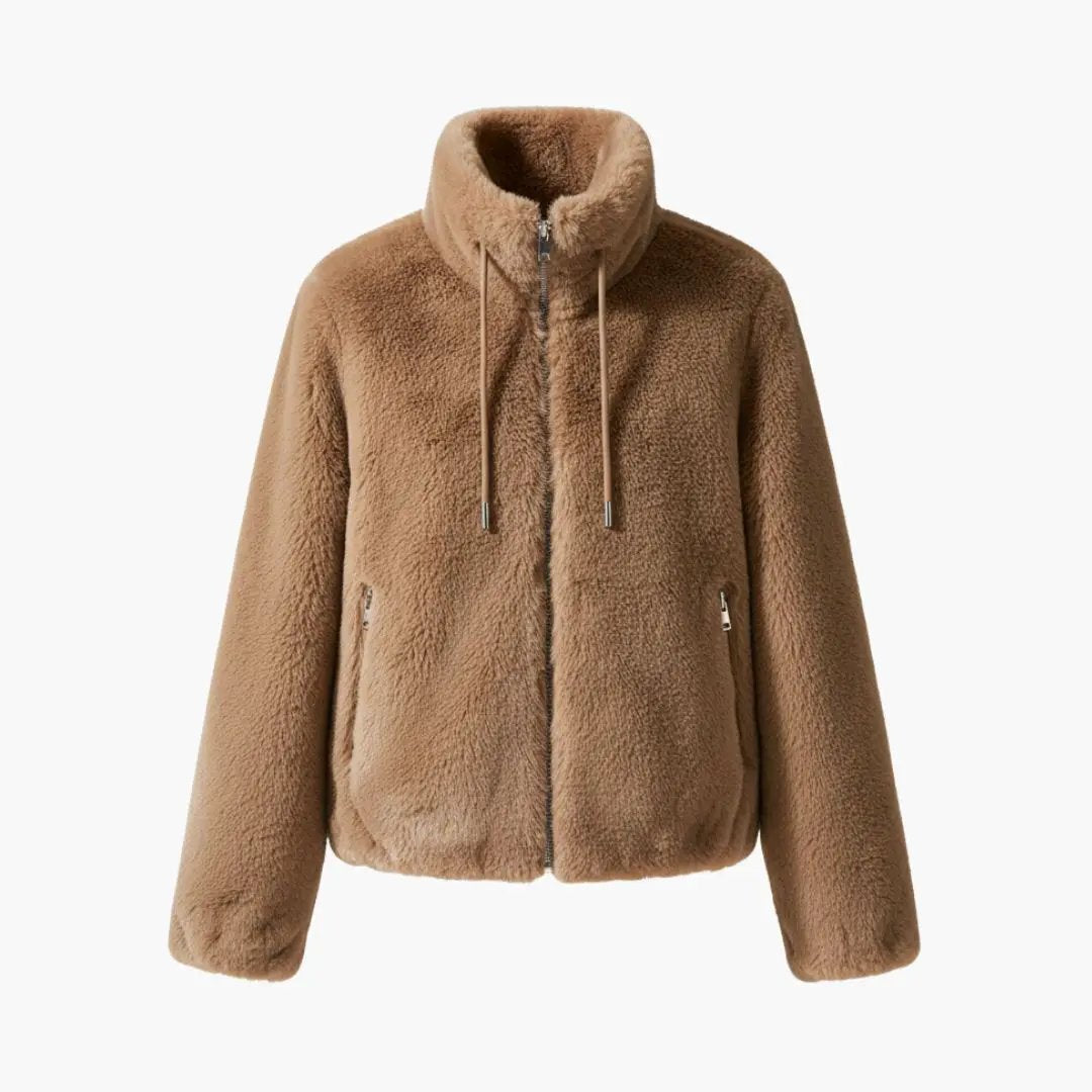 Women's teddy coat by Wilfred Smith in tan, zip-front with drawstring