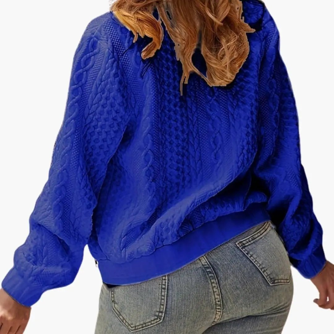 Women's textured blue bomber jacket in cotton blend with stand-up collar by Wilfred Smith.