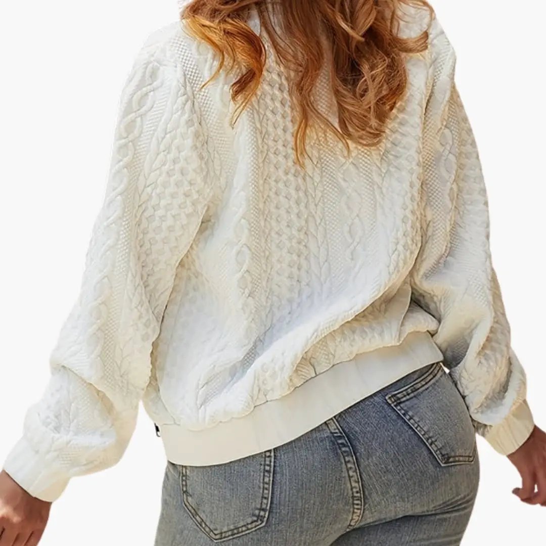 Women's textured bomber jacket in cream cotton blend with stand-up collar