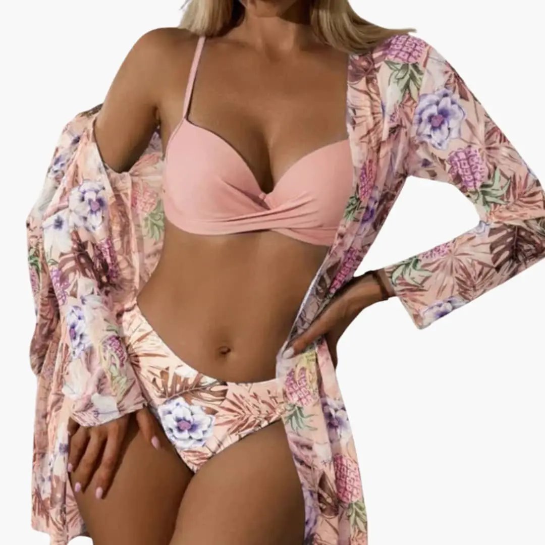 Wilfred Smith Women’s 3-Piece pink floral bikini set with high-waisted bottoms and kimono cover-up